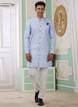 Light Blue Banarasi Jacquard Digital Print Indowestern Sherwani