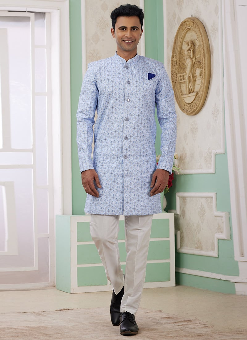 Light Blue Banarasi Jacquard Digital Print Indowestern Sherwani Festive Wear