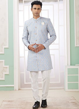 Light Blue Banarasi Jacquard Digital Print Indowestern Sherwani