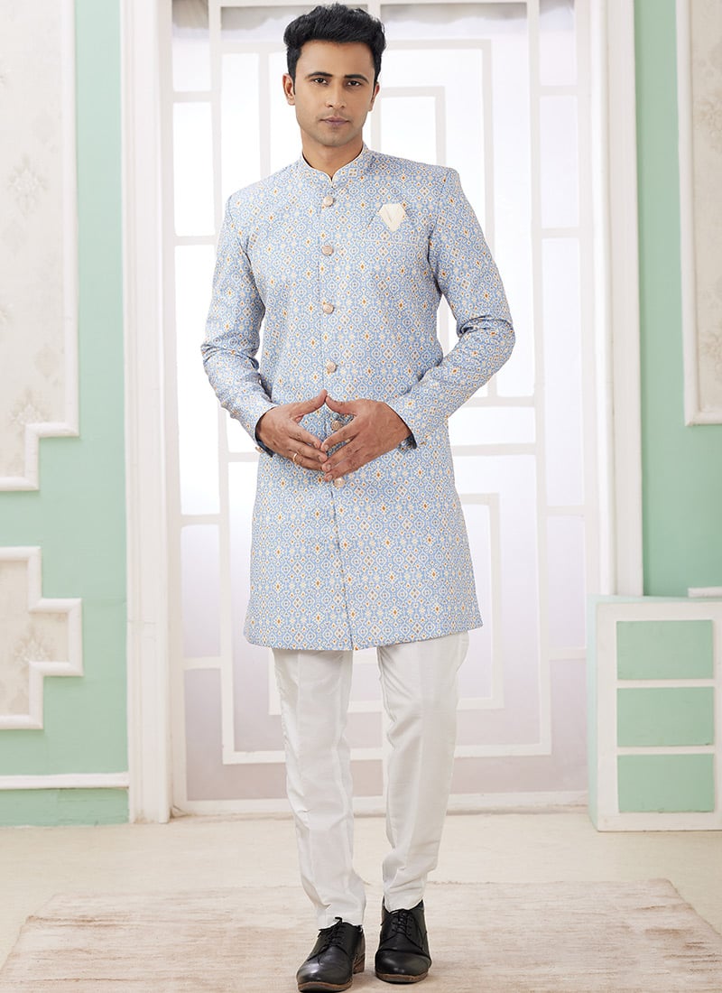 Light Blue Banarasi Jacquard Digital Print Indowestern Sherwani Festive Wear