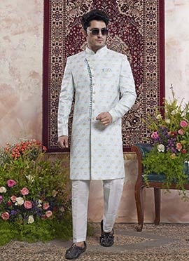 Light Blue Banarasi Jacquard Indowestern Sherwani