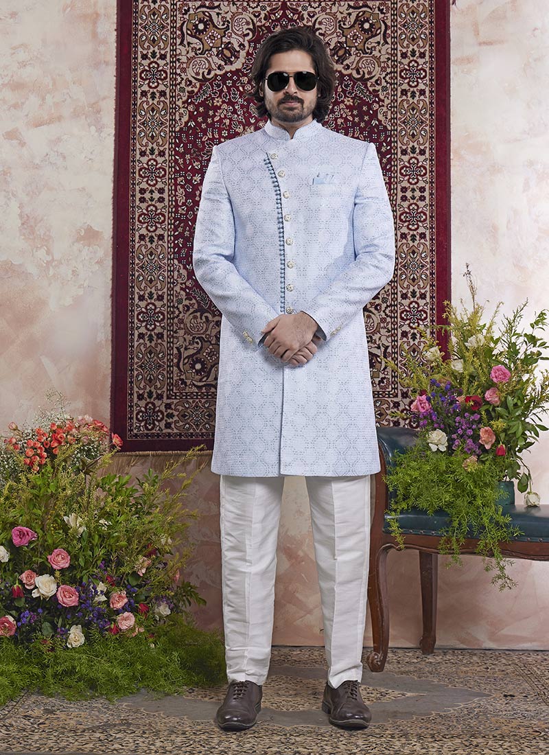 Light Blue Banarasi Jacquard Indowestern Sherwani Wedding Wear