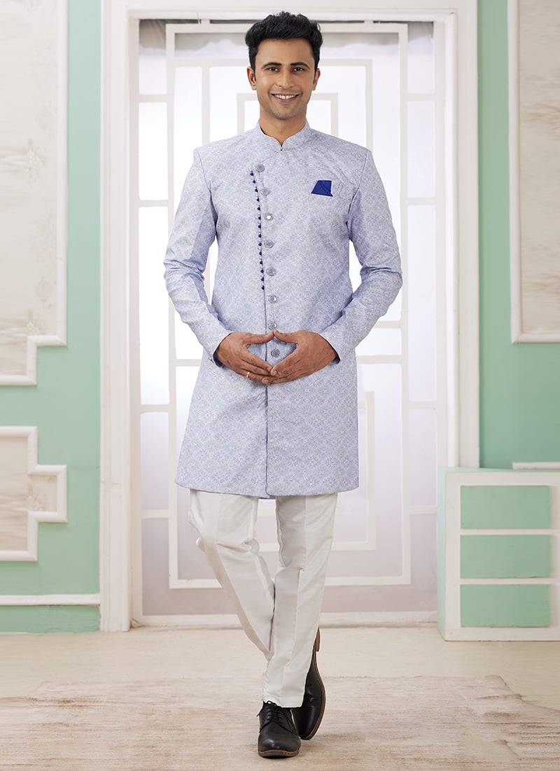 Light Blue Banarasi Jacquard Indowestern Sherwani Festive Wear