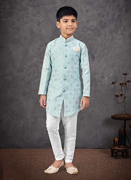 Light Blue Banarasi Silk With Zari Work Jacquard Embroidered Sequins Boys Indowestern Sherwani
