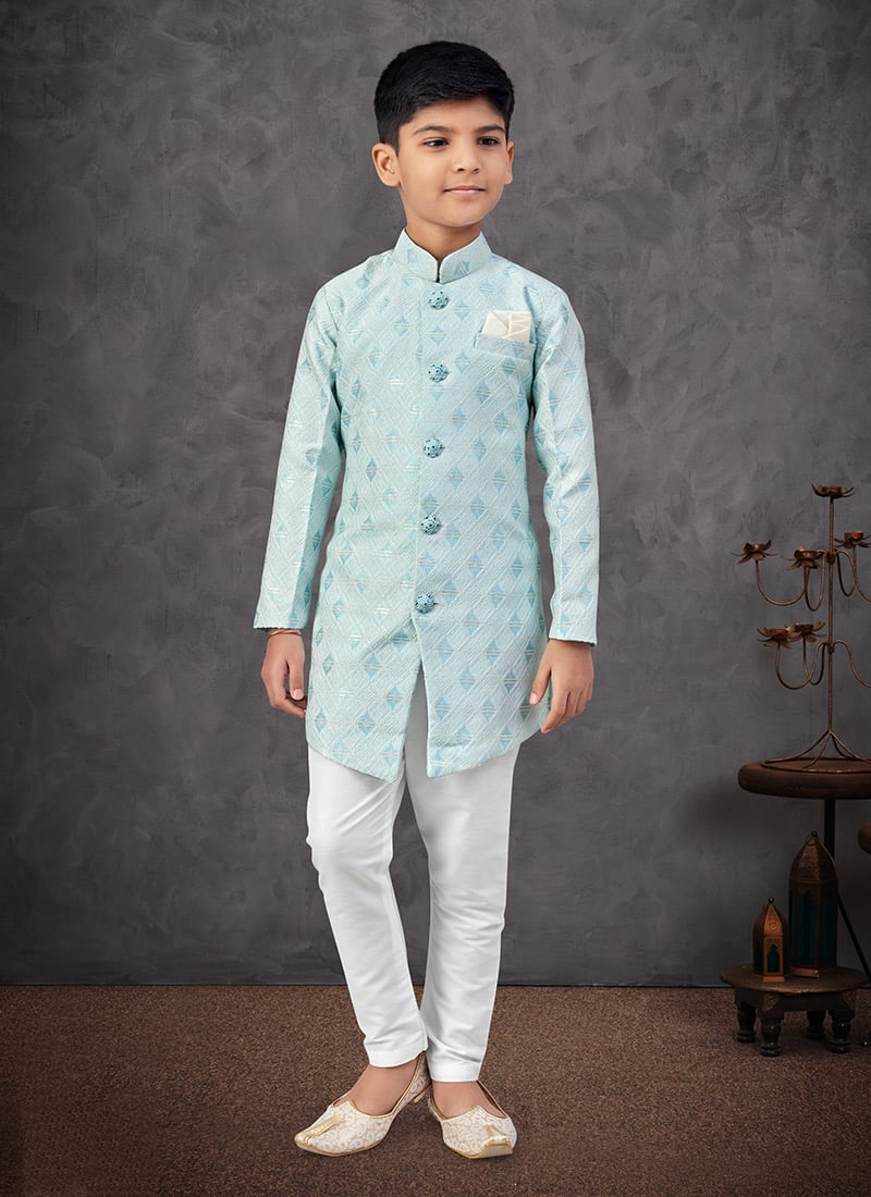 Light Blue Banarasi Silk With Zari Work Jacquard Embroidered Sequins Boys Indowestern Sherwani Wedding Wear