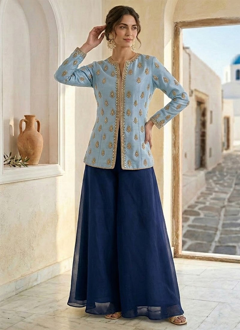 Light Blue Beads Hand Embroidered Mirror And Stones Indowestern Palazzo Set Wedding Wear