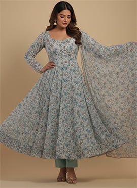 Light Blue Chiffon Printed Anarkali Suit