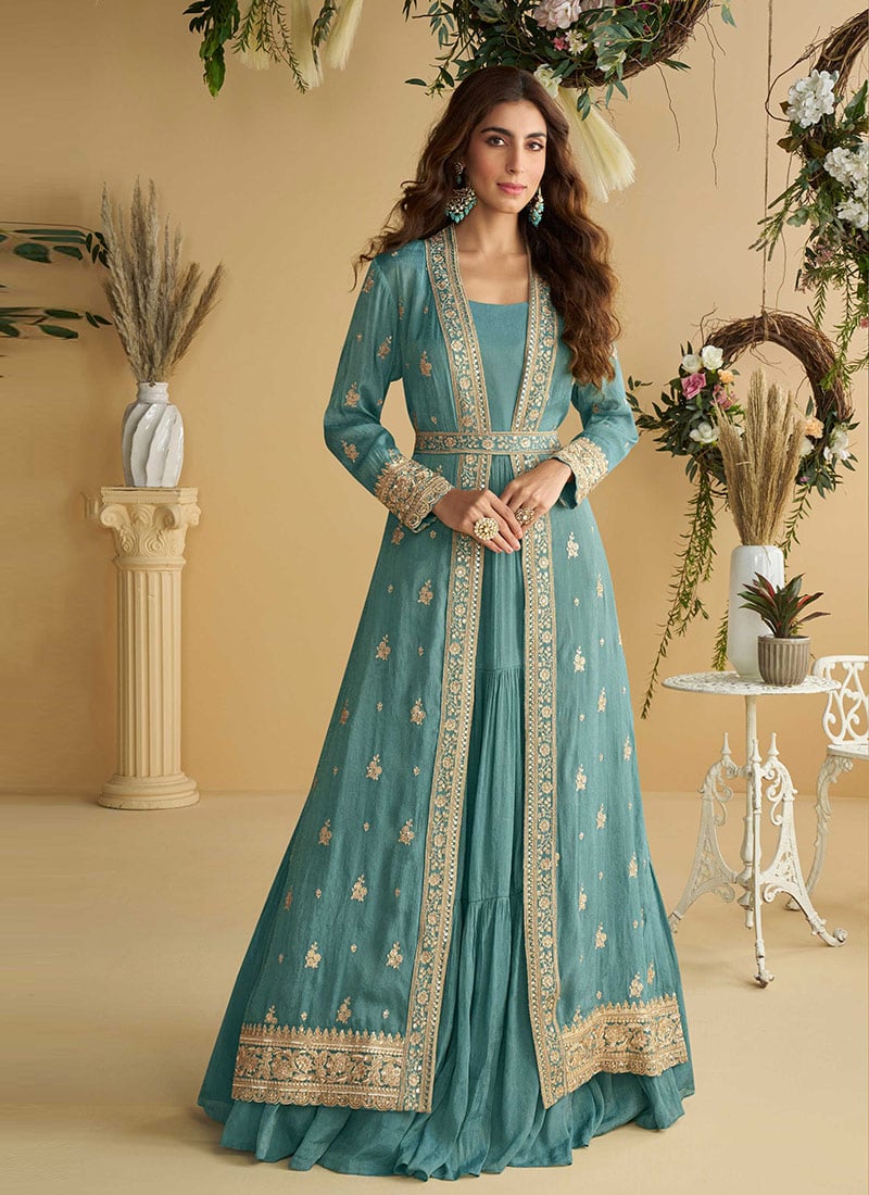 Light Blue Chinon Silk Zari Embroidered Sequins Anarkali Gown With Jacket Festive Wear