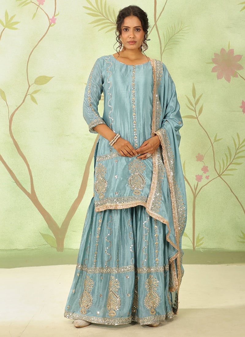 Light Blue Chinon Silk Zari Embroidered Sequins Sharara Suit Festive Wear
