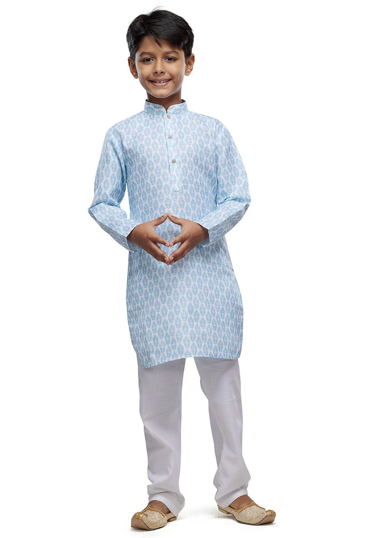 Light Blue Cotton Digital Print Classic Kids Kurta Pyjama For Young Boys