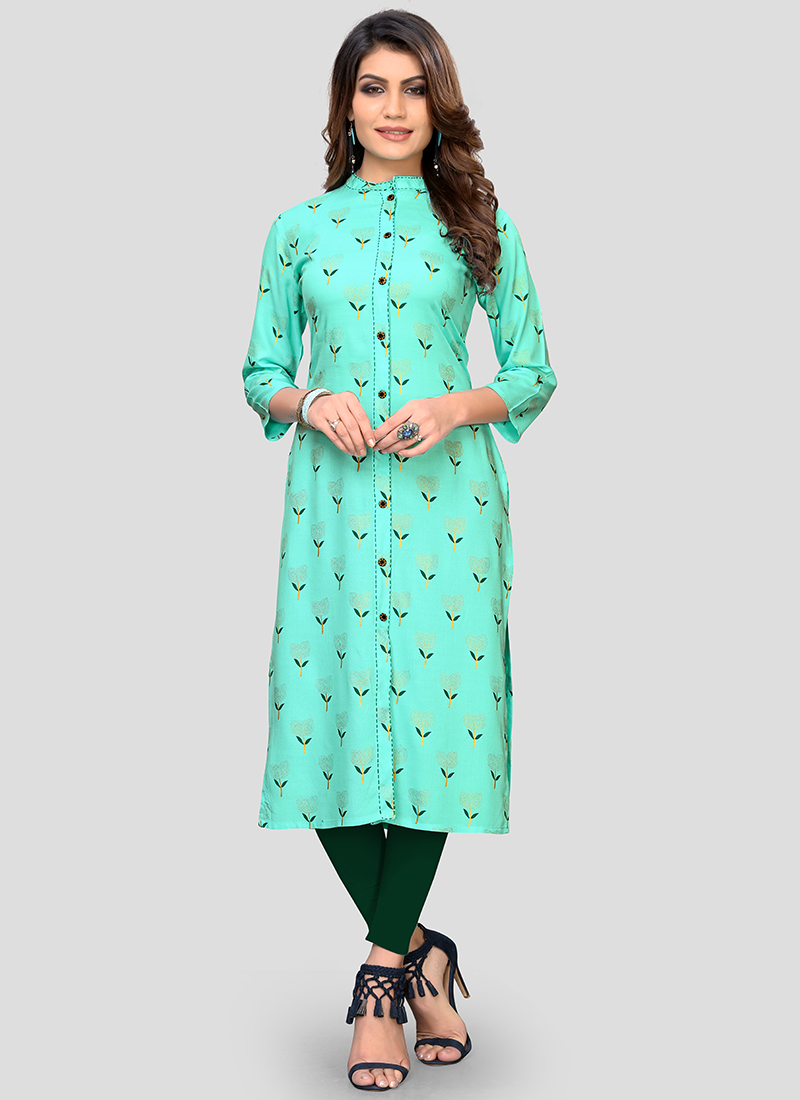 Buy Light Blue Cotton Kurti After Six Wear, Printed, knee length kurti Online Shopping KRSVF341