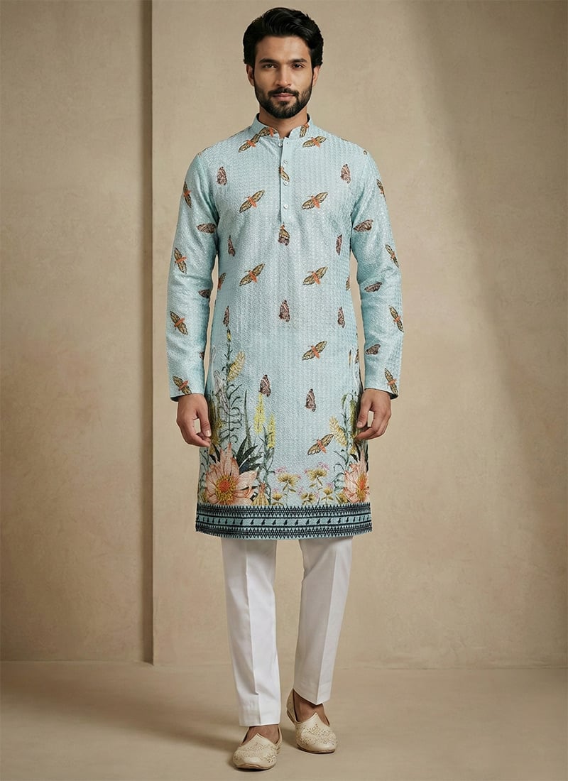 Light Blue Cotton Schiffli Work And Digital Print Kurta Pyjama For Men Festive Wear