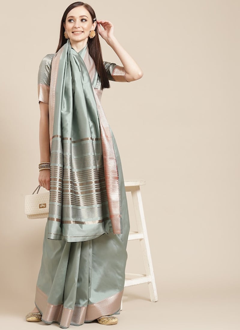 Light Blue Cotton Silk Golden Zari Border Designer Saree Festive Wear