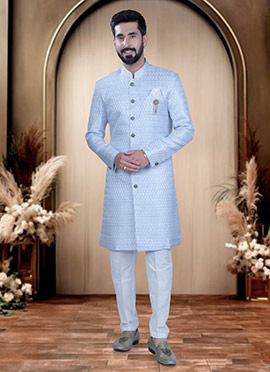Light Blue Cotton Silk Sequins Indowestern Sherwani  For Men