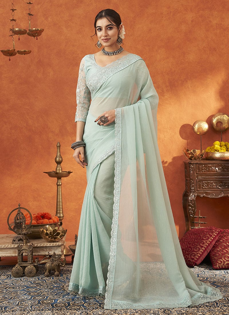 Light Blue Crunchy Silk Embroidered Sequins Saree