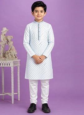 Light Blue Digital Print Kurta Cotton Kurta Pyjama For Kids Boys