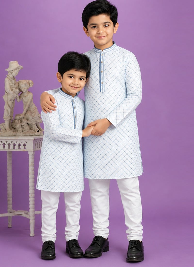 Light Blue Digital Print Kurta Cotton Kurta Pyjama For Kids Boys Festive Wear