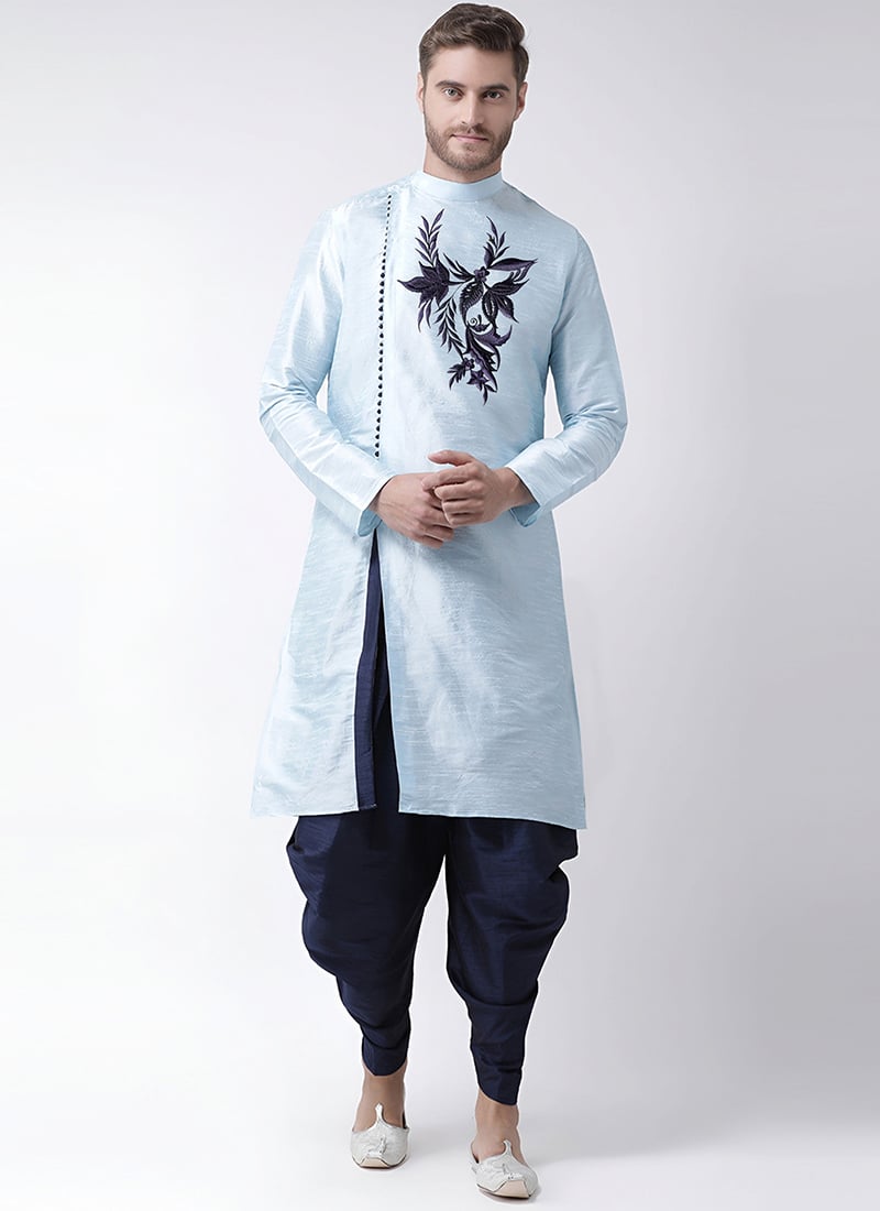 Light Blue Dupion Embroidered Dhoti Style Indowestern Sherwani Festive Wear