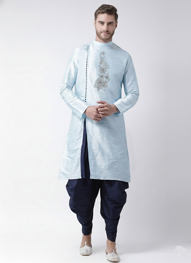 Light Blue Dupion Silk Embroidered Kurta Pyjama Festive Wear