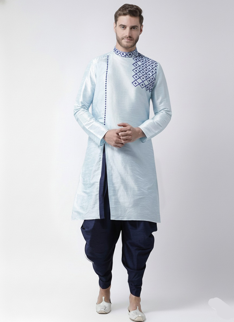 Light Blue Dupion Silk Embroidered Kurta Pyjama Festive Wear