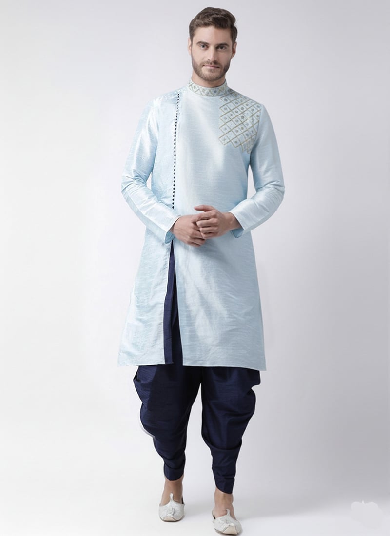 Light Blue Dupion Silk Embroidered Kurta Pyjama Festive Wear