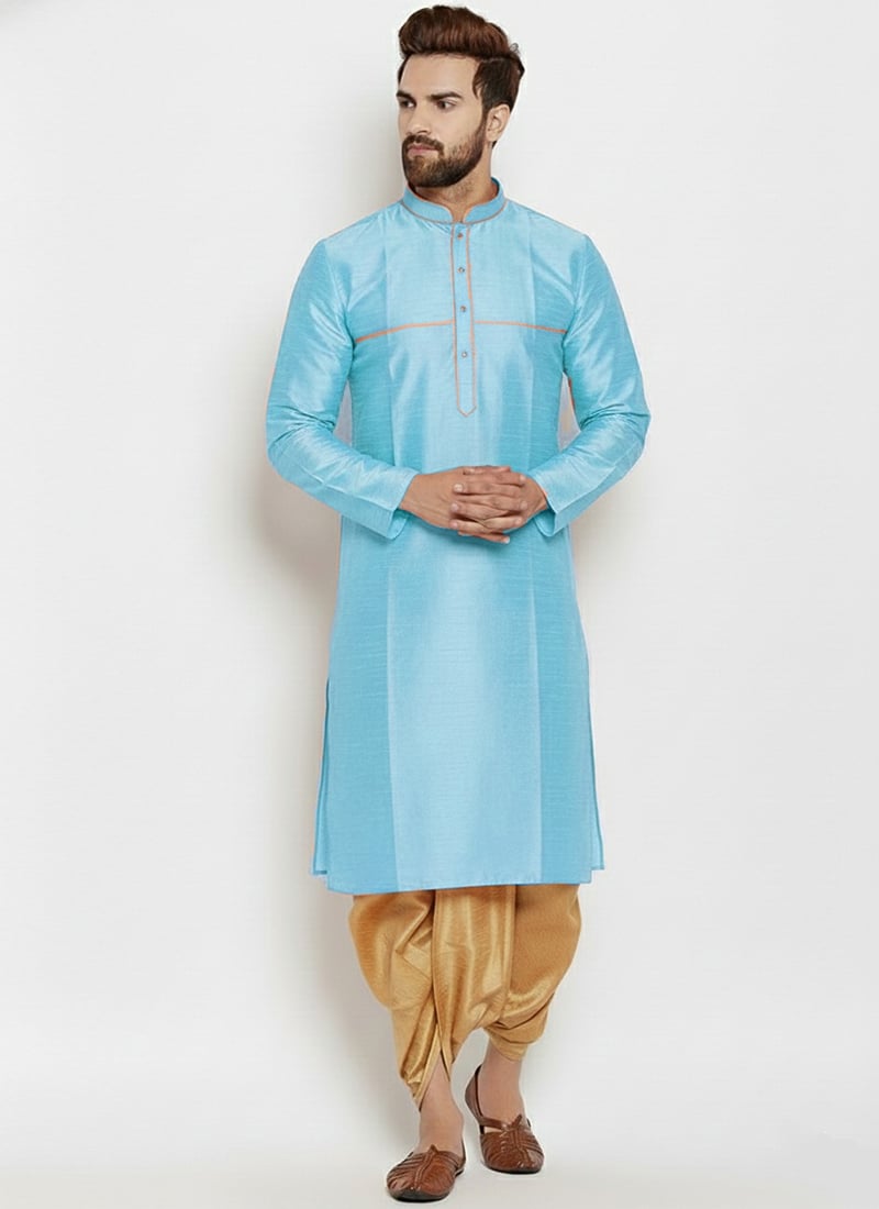 Light Blue Dupion Silk Embroidered Kurta Pyjama Festive Wear