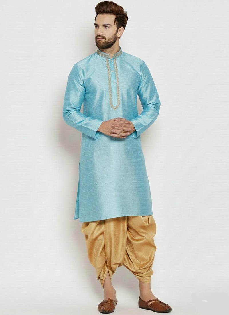 Light Blue Dupion Silk Embroidered Kurta Pyjama Festive Wear