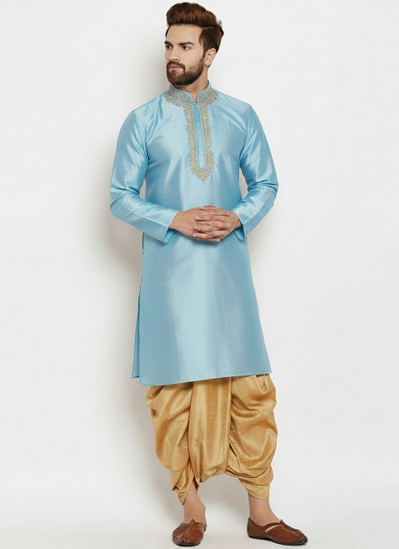 Light Blue Dupion Silk Embroidered Kurta Pyjama