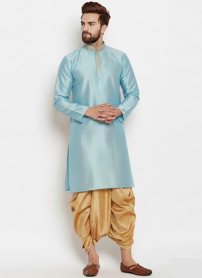 Light Blue Dupion Silk Embroidered Kurta Pyjama Festive Wear