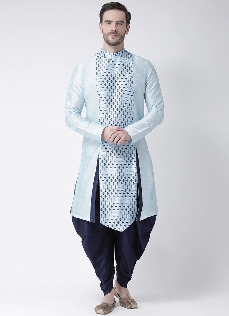Light Blue Dupion Silk Printed Kurta Pyjama  Party Wear