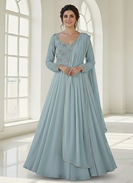 Light Blue Faux Georgette A Line Anarkali Suit With Sequins