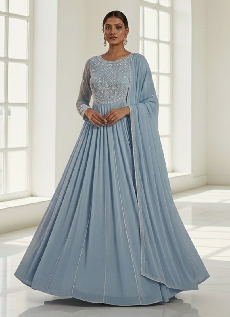 Light Blue Faux Georgette Abaya Style Anarkali Suit With Zari And Sequins Stone Work Festive Wear