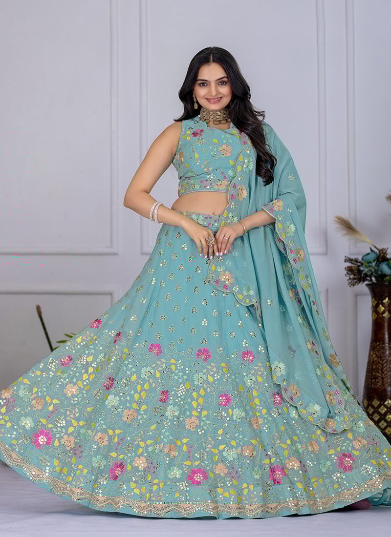 Light Blue Faux Georgette Embroidered Sequins Lehenga Festive Wear
