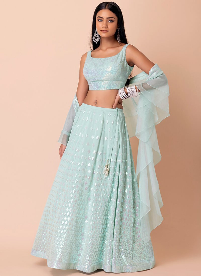 Light Blue Faux Georgette Embroidered Sequins Lehenga Wedding Wear