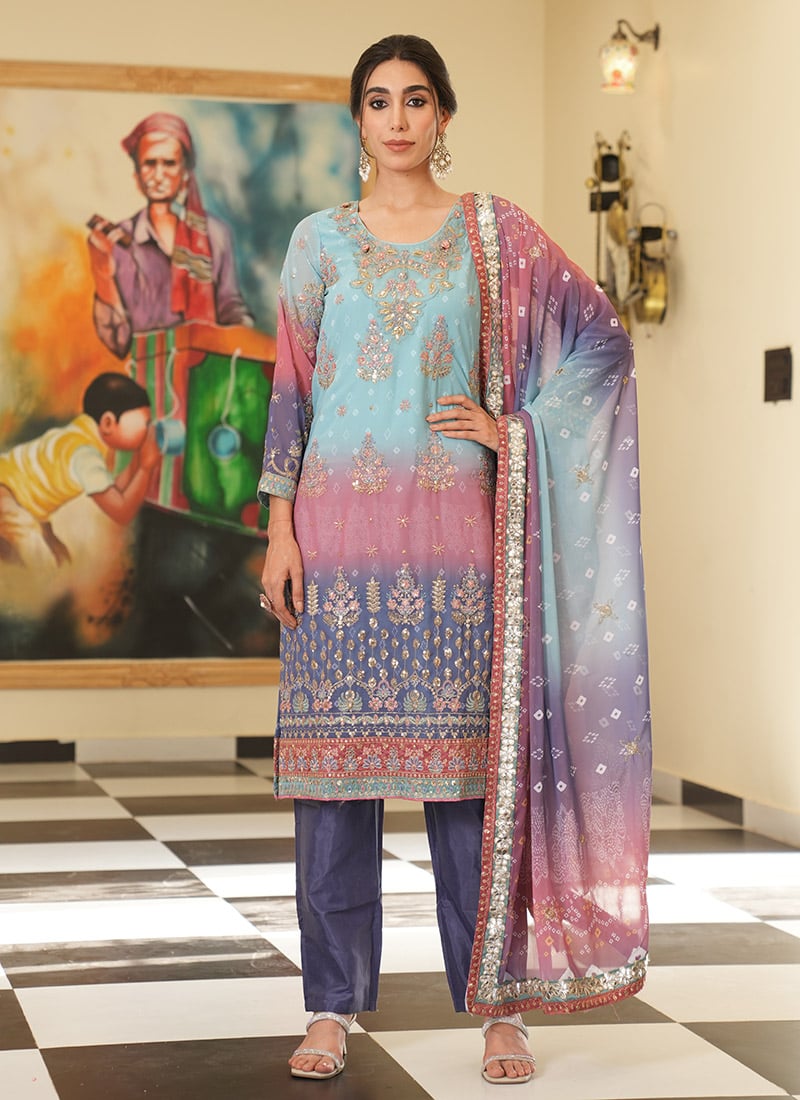 Light Blue Faux Georgette Embroidered Sequins Straight Pant Suit Festive Wear