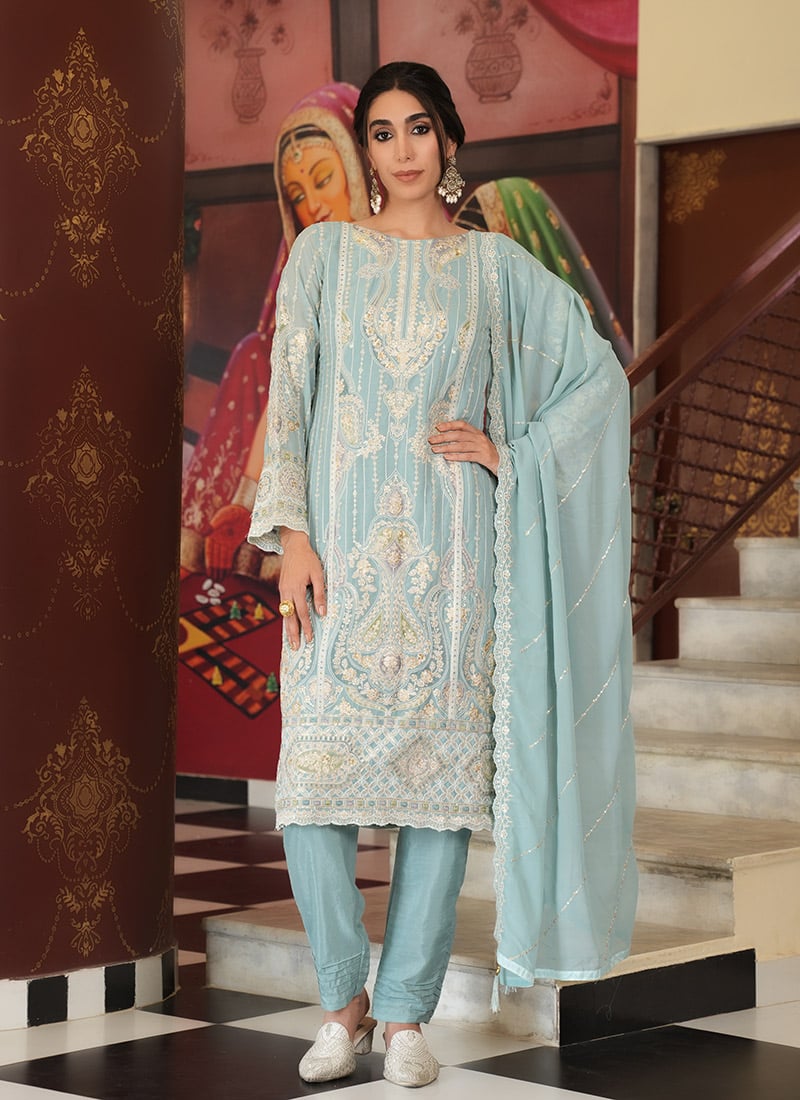 Light Blue Faux Georgette Embroidered Sequins Straight Pant Suit