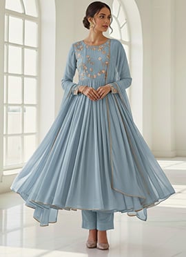 Light Blue Faux Georgette Resham Anarkali Suit