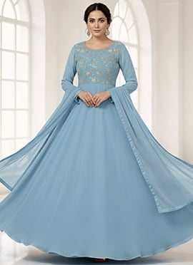 Light Blue Faux Georgette Resham Sequins Anarkali Suit