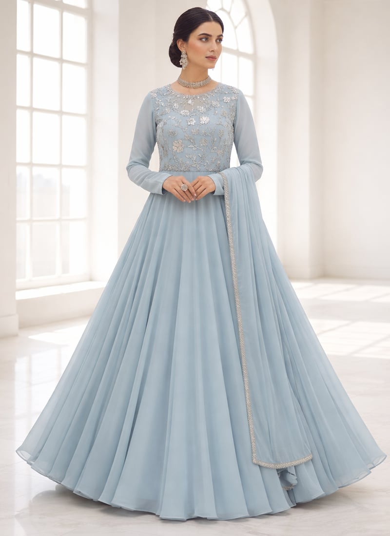 Light Blue Faux Georgette Sequins Hand Embroidered Anarkali Suit Festive Wear