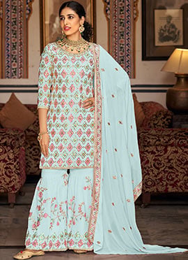 Light Blue Georgette Sequins Sharara Suit