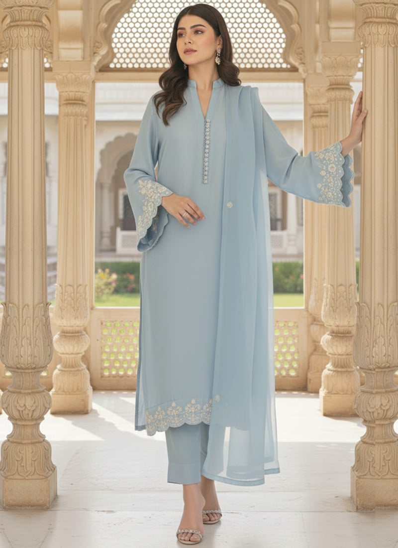 Light Blue Faux Georgette Zari Sequins Straight Pant Suit Festive Wear