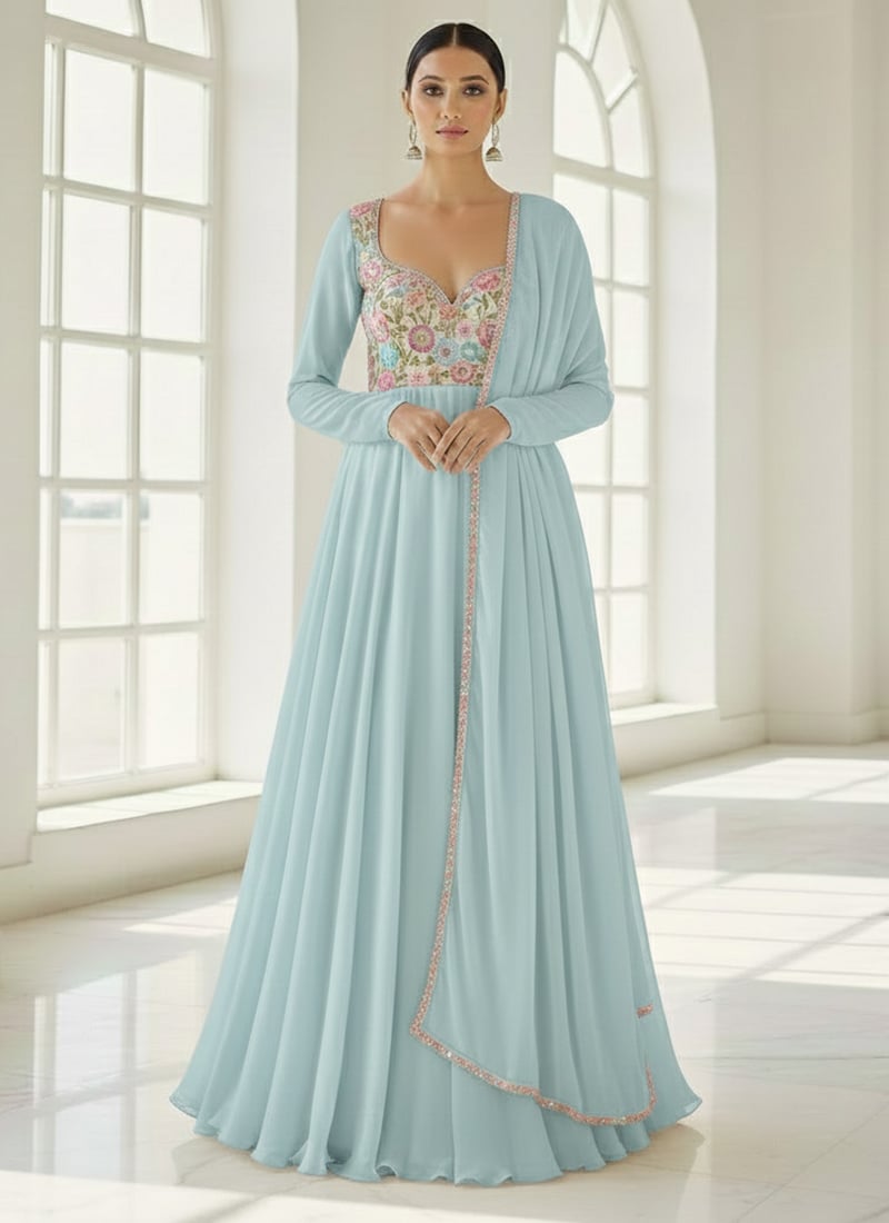 Light Blue Georgette Resham Sequins Stones Anarkali Suit Festive Wear
