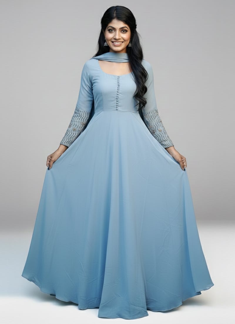 Light Blue Georgette Sequins Hand Embroidery Anarkali Suit