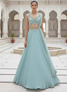 Light Blue Georgette Stones Beads Hand Embroidered A Line Lehenga