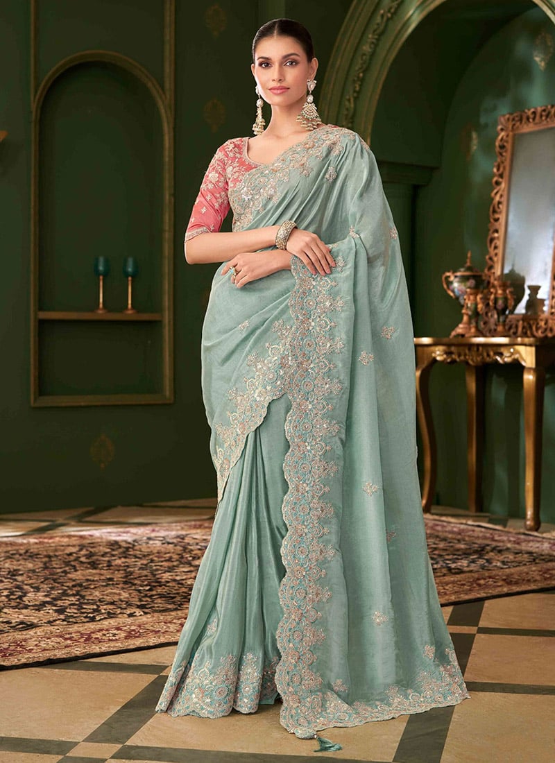 Light Blue Georgette Zari Embroidered Sequins Saree Wedding Wear