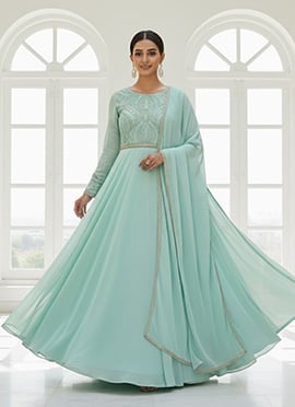 Light Blue Georgette Zari Sequins Hand Embroidered Anarkali Suit