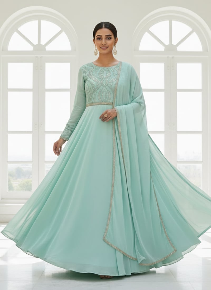 Light Blue Georgette Zari Sequins Hand Embroidered Anarkali Suit Festive Wear