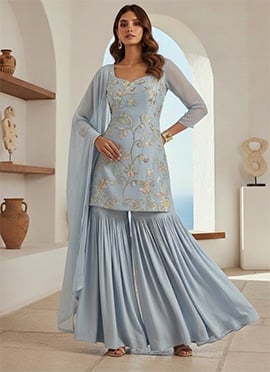 Light Blue Georgette Zari Sequins Hand Embroidered Sharara Suit