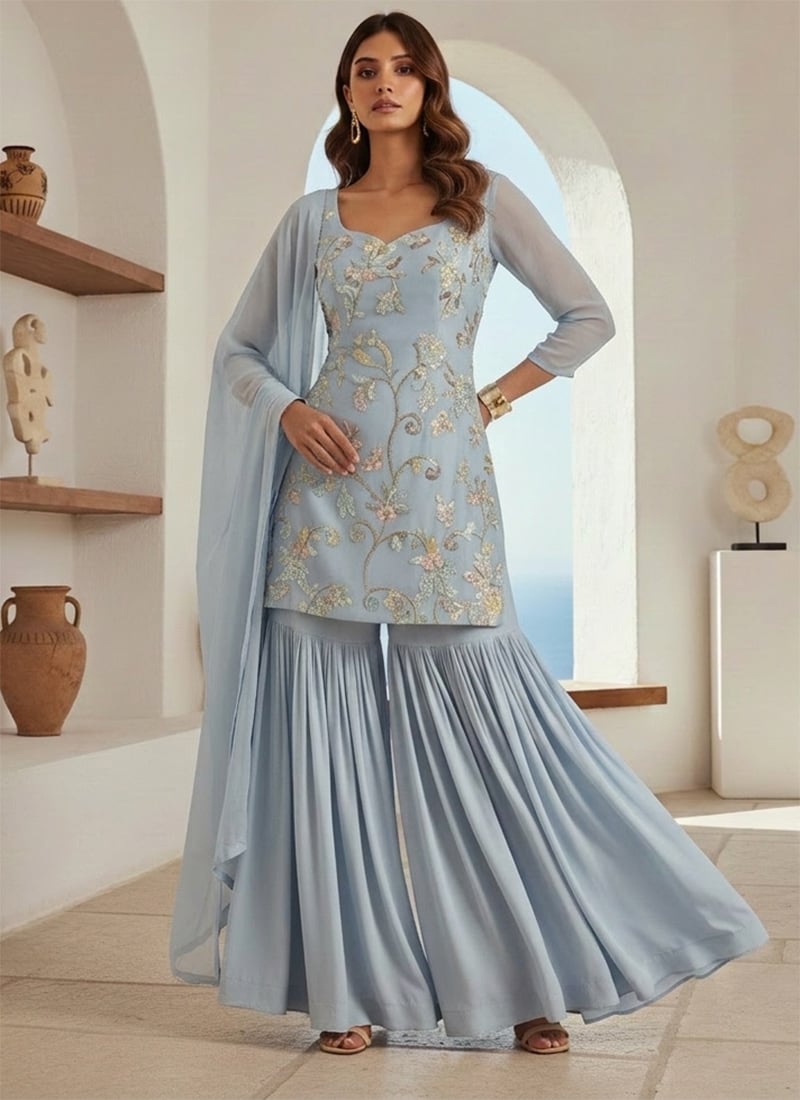 Light Blue Georgette Zari Sequins Hand Embroidered Sharara Suit Festive Wear