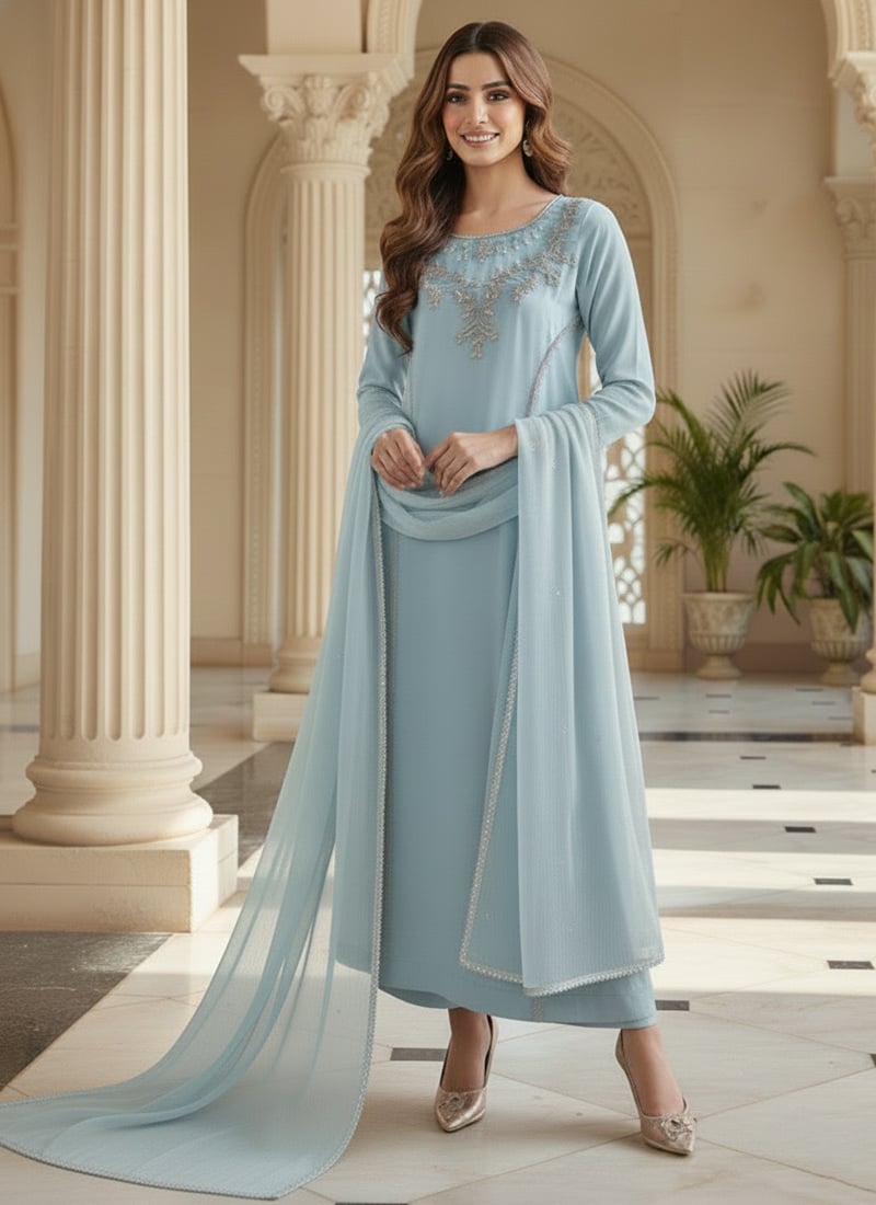 Light Blue Georgette Zari Sequins Stone Straight Pant Suit Festive Wear